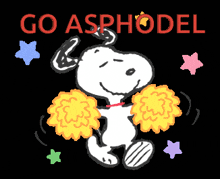 a cartoon of snoopy with cheerleaders and the words go asphodel