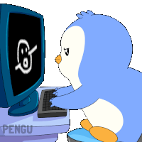 a penguin is typing on a keyboard in front of a computer screen that says pengu on the bottom