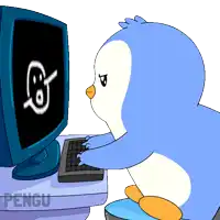 a penguin is typing on a keyboard in front of a computer screen that says pengu on the bottom