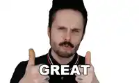 a man with a beard and mustache is giving a thumbs up and the word great is behind him