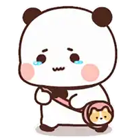 a cartoon panda bear is crying while holding a purse with a cat on it .