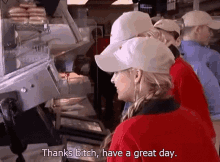 a woman in a white hat says thanks bitch have a great day