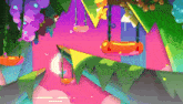 a colorful cartoon scene with swings hanging from the ceiling