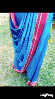 a woman wearing a blue and pink saree is standing on the grass