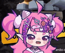 a cartoon of a girl with pink hair and horns .