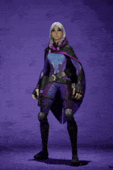 a woman in a purple and blue outfit is holding a purple object