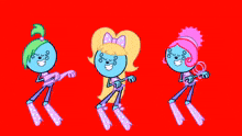 three cartoon characters are dancing on a red background .
