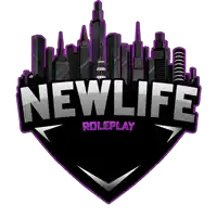 the logo for newlife roleplay has a city skyline in the background