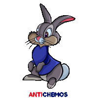a cartoon rabbit wearing a blue shirt that says antichemos on the bottom