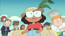 a group of cartoon characters including a girl wearing a hat and glasses