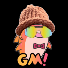 a cartoon fish wearing a knitted hat and sunglasses says gm!