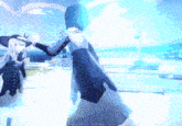 a couple of anime characters dancing in a blue light