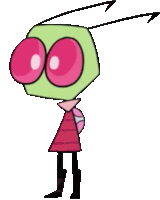 a cartoon character with pink eyes and a pink dress