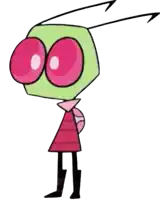 a cartoon character with pink eyes and a pink dress