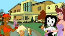 a group of cartoon characters in front of a house
