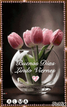 a picture of flowers in a vase with the words buenos dias lindo viernes on it