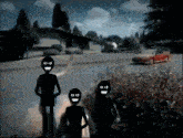 a cartoon drawing of a man and two children with smiley faces on their faces