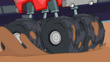 a cartoon drawing of a monster truck driving through the dirt