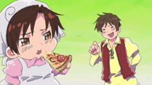a girl is eating a slice of pizza while another boy points