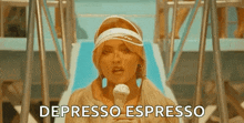 a woman is holding an ice cream cone in front of a pool and says depresso espresso .