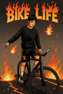 a cartoon of a man riding a bike with the word bike life behind him