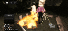 a screenshot of a video game shows a girl standing in front of a fire with the word hope on it