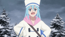 a girl with blue hair and a white hat stands in the snow