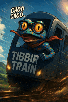 a frog on a train that says tibbir train on it