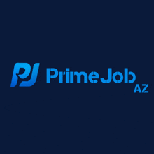 a blue logo for pj prime job az against a dark blue background