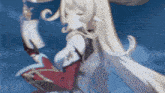 a blurred image of a girl with long blonde hair holding a lantern .