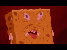 a cartoon of spongebob squarepants making a funny face with his tongue hanging out .