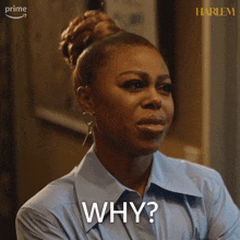 a woman with her mouth open and the word why on her face
