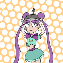 a cartoon drawing of a girl with purple hair and an arrow on her head with the name popotoko on the bottom
