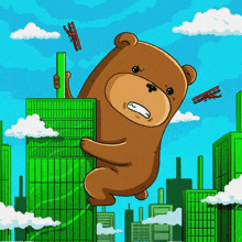 a cartoon drawing of a teddy bear holding a green pole
