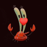 a couple of crabs standing next to each other with a red heart between them