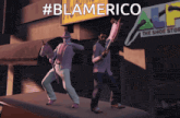 two men dancing in front of a shoe store with the hashtag #blamerico