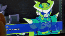 a video game screen shows a green robot with horns and the words " yours " on the bottom