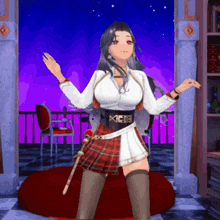 a girl in a plaid skirt with a belt that says x on it