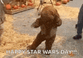 a teddy bear in a star wars costume is dancing in front of a pumpkin patch .