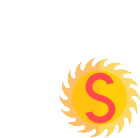 a yellow sun with a red letter s inside