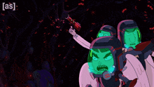 a cartoon character with a green helmet is holding a gun in front of a monster that has horns
