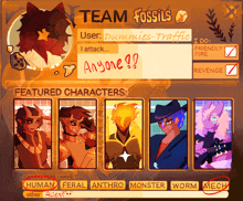 a cartoon drawing of a person named team fossils and their featured characters