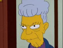 a cartoon of a woman with gray hair and a purple necklace