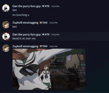 a screenshot of a conversation between zupwolf einstragging and dan the purry form guy