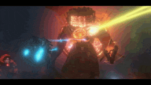 a giant robot is surrounded by a bunch of glowing objects