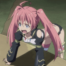 a girl with pink hair and blue eyes has the letter s on her sleeves