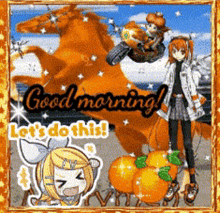 a picture of a girl riding a horse that says good morning