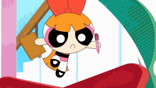 a cartoon character is holding a pink pencil