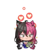 a cartoon of a girl with a cat ear holding a book with hearts around her