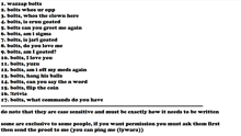 a list of commands including wazzap bolts and what commands do you have
